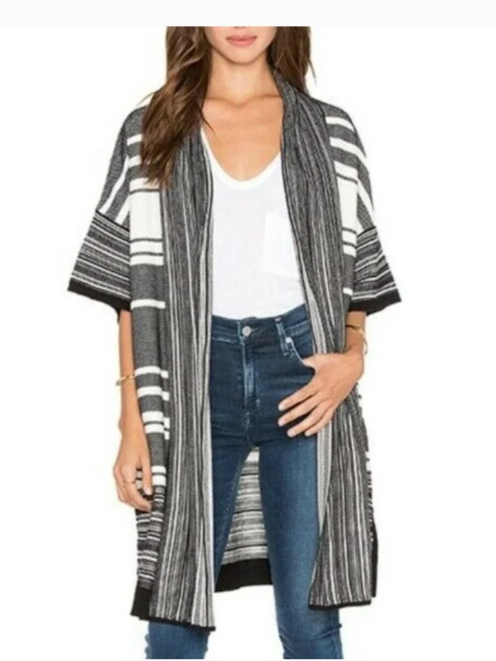 Vince black white stripe short sleeve kimono sweater duster cardigan XL